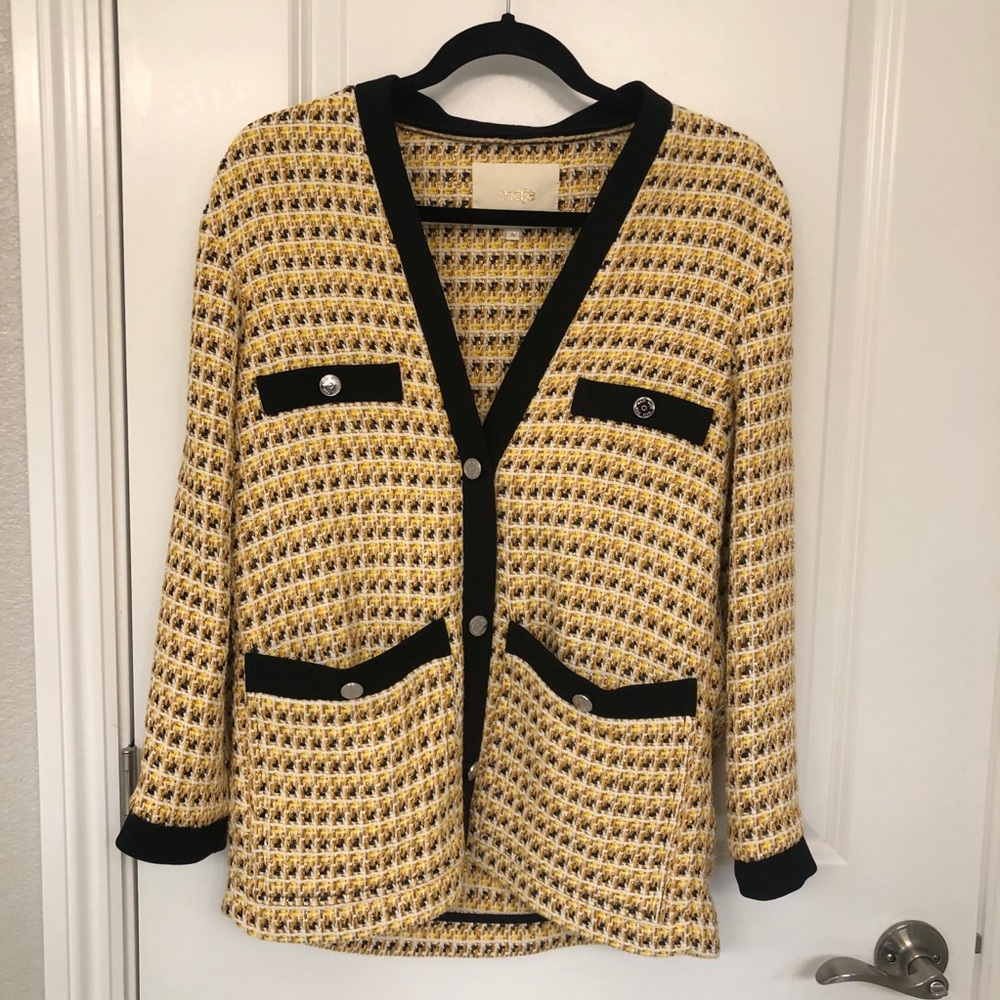 Yellow Tweed Cardigan Jacket with Black Trim